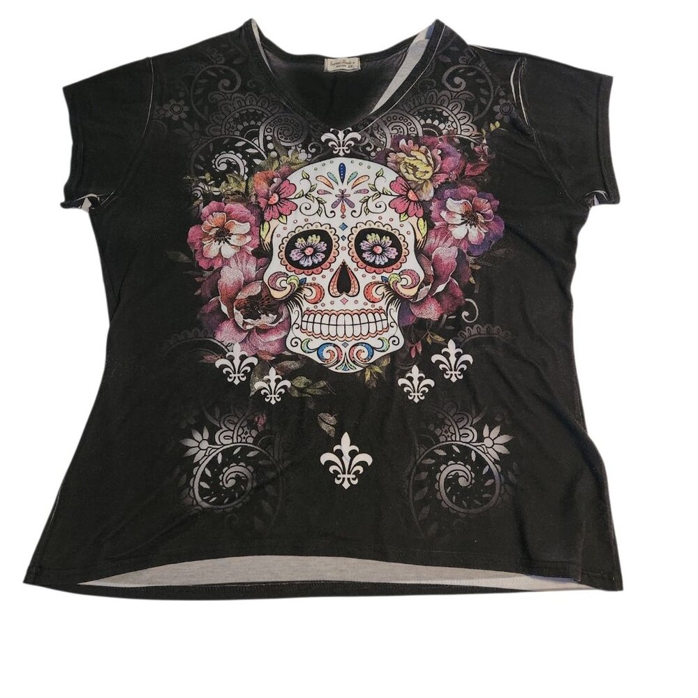 Sweet Gisele‎ Sugar Skull T-Shirt Rhinestone Embellished Double Sided Womens XXL